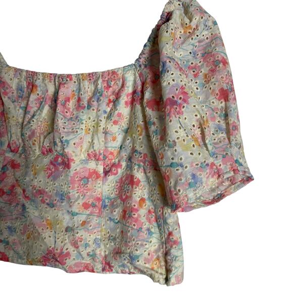 ASTR The Label Bondi Cream Pink Floral Eyelet Puff Sleeve Square Neck Top Size M - Picture 2 of 9
